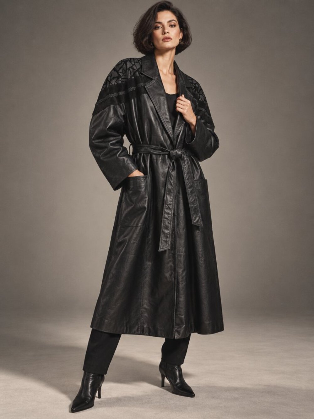 Vintage 90's DANY Leather Suede Belted Trench Coat Womens M Black Geometric Goth